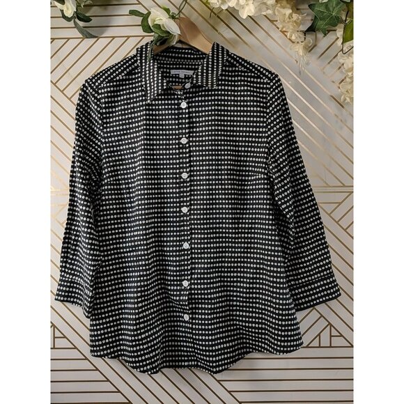 ANNA THOMAS Women's Button Up Collared Blouse Navy Blue White Cotton Size 14 - Picture 3 of 7